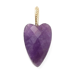 Amethyst Natural Amethyst Pendants, Faceted Heart Charms with Brass Findings, Golden, 27x12x7mm, Hole: 6.5x4mm