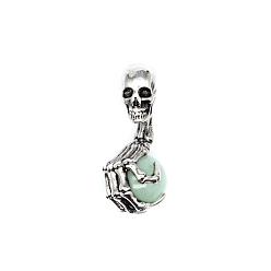 Green Aventurine Halloween Skull Natural Green Aventurine Alloy Pendants, Skeleton Hand Charms with Gems Sphere Ball, Antique Silver, 43x19mm