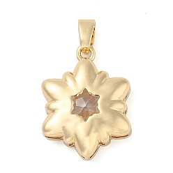 Clear Rack Plating Brass Pendants, Flower Shaped Glass Charms, Long-Lasting Plated, Cadmium Free & Lead Free, Real 18K Gold Plated, Clear, 22x17x5mm, Hole: 3x5.5mm