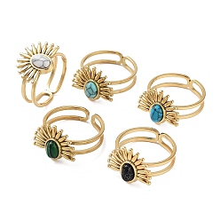 Смешанные камни Ионное покрытие (ip) 304 кольцо из нержавеющей стали, регулируемые кольца из синтезированных драгоценных камней, цветок, 15.5x12.5 мм, внутренний диаметр: регулируемый