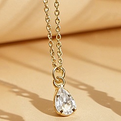 Golden Brass Pave Clear Cubic Zirconia Teardrop Pendant Necklaces for Women, Golden, 17.72 inch(45cm), Pendant: 10x5mm
