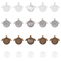 Mixed Color DIY Pendant Making, with Alloy Pendant Cabochon Settings and Transparent Glass Cabochons, Antique Bronze & Antique Silver & Platinum, 37x41.3x2.3mm, Hole: 5.5x3.8mm, Tray: 25mm, 24pcs/set