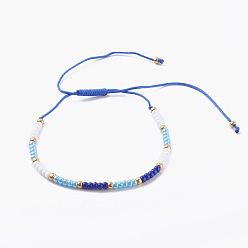 Blue Adjustable Nylon Thread Braided Bead Bracelets, with Round Glass Seed Beads, Blue, Inner Diameter: 1-5/8~4 inch(4~10cm)