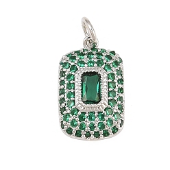 Green Brass Micro Pave Cubic Zirconia Pendantss, Rectangle Charms, Rack Plating, Long-Lasting Plated, Lead Free & Cadmium Free, Platinum, Green, 17x10x4mm, Hole: 3.3mm