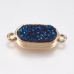 со Синим Покрытием Гальванические соединители из натурального агата друзы, с фурнитурой латунной золотого тона, овальные, с покрытием синим, 10x24x6 мм, отверстие : 1 мм