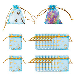 Светло-Голубой 50шт. мешочки из органзы с принтом в виде сердца, мешочки подарка украшения для мешков конфеты, свадьбы пользу сумки, пользу мешок, подарочные пакеты, прямоугольные, Небесно-голубой, 9x7 см