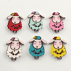 Mixed Color 2-Hole Printed Wooden Buttons, Sheep, Mixed Color, 28x20x2.5mm, Hole: 2mm