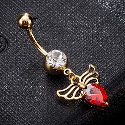 Rot Messing Zirkonia Nabel Ring, Bauchringe, mit 304 Edelstahlleiste, cadmiumfrei und bleifrei, echt 18 k vergoldet, Engelsflügel, rot, 41x16 mm, Stange: 15 Spurweite(1.5mm), Stangenlänge: 3/8"(10mm)