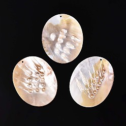 Персиковый Слойка Подвески из натурального пресноводного жемчуга и пресноводных ракушек, овальные амулеты, розовые, 70x54.5~55x4~6 мм, отверстие : 2 мм