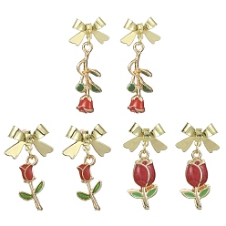 Red 3 Pair 3 Style Enamel Rose with Bowknot Dangle Stud Earrings, Alloy Drop Earings with 925 Sterling Silver Pins, Red, 29~33.5mm, 1 Pair/style
