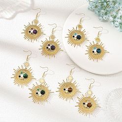 Mixed Color Brass Glass Dangle Earrings, Sun, 304 Stainless Steel Dangle Earrings for Women, Golden, Mixed Color, 71x44.5mm