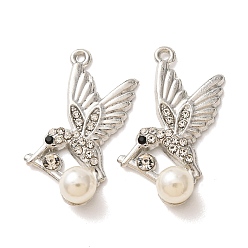 Platinum Alloy Rhinestone Pendants, with ABS Plastic Pearl, Bird Charms, Platinum, 32.8x19x7mm, Hole: 1.4mm