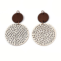 Морская Ракушка Плоские круглые кожаные подвески, с деревянным и железным кольцом, Красная медь, цвет морской раковины, 62~64x41x2 мм, отверстие : 5 мм