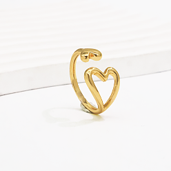 Настоящее золото 18K Латунные манжеты открытые кольца для женщин, Двойное сердце, реальный 18 k позолоченный, 16 mm ~ 20 mm