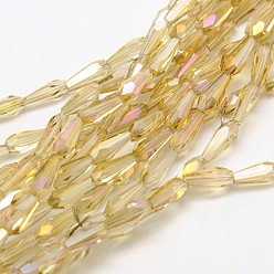 Pale Goldenrod Faceted Rainbow Plated Teardrop Electroplated Glass Beads Strands, Pale Goldenrod, 10x4mm, Hole: 1mm, about 60pcs/strand, 23.6 inch