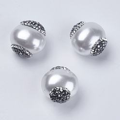 Гематит Бусины со стразами, полимерная глина , с жемчугом из раковины , круглые, кристалл и гематит, 20~20.5x19x14 мм, отверстие : 1 мм