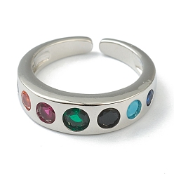 Платина Открытые кольца из латуни, микропаве, кубический цирконий, манжеты кольца, плоско-круглые, красочный, платина, размер США 6 (16.5 мм)