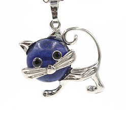 Lapis Lazuli Natural Lapis Lazuli Pendants, with Platinum Plated Brass Findings, Cat Shape Charms, 35x29x10mm