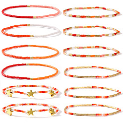 Оранжевый 12 шт. Набор эластичных браслетов из стеклянного бисера для рождественских украшений, латунные подвески в виде звезды для женщин, оранжевые, регулируемый