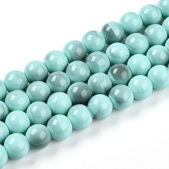 Бирюза Выпечки нарисованных стеклянных бусин прядей, круглые, два тона, бирюзовые, 10~10.5 мм, отверстие : 1.4 мм, около 84~87 шт / нитка, 31.10~32.28 дюйм (79~82 см)