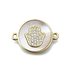 Плоский Круглый Подвески-соединители для рук хамса, настоящие 16k позолоченные латунные звенья с микропаве из кубического циркония, без кадмия и без свинца, с оболочкой, плоско-круглые, 15.5x21x2.5 мм, отверстие : 1.5 мм