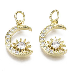 Real 14K Gold Plated Brass Micro Pave Clear Cubic Zirconia Charms, with Jump Ring, Nickel Free, Moon with Sun, Real 14K Gold Plated, 14.5x10x2.5mm, Jump Ring: 5x1mm, 3mm inner diameter