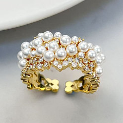 Золотой Регулируемые открытые кольца-манжеты из латуни с микропаве из кубических цирконий и искусственного жемчуга, золотые, внутренний диаметр: 15~20 мм