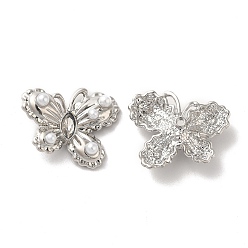 Platinum Alloy Pendant, with Glass and ABS Plastic Imitation Pearl Beaded, Lead Free & Cadmium Free, Butterfly Charm, Platinum, 19x24x6.5mm, Hole: 1.8mm