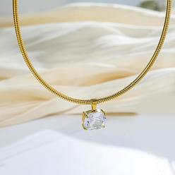 Golden 304 Stainless Steel Pave Clear Cubic Zirconia Rectangle Pendant Round Snake Chain Necklaces for Women, Golden, 15.75 inch(40cm)