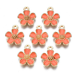 Коралловый Экологически чистые подвески из цинкового сплава, с эмалью, без кадмия, без никеля и без свинца, 5 - лепесток цветка, золотой свет, коралл, 16x13x3 мм, отверстие : 1.8 мм