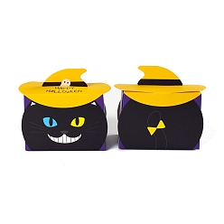 Золотистый Хэллоуин тематические бумажные коробки для хранения конфет, черная кошка в шляпе ведьмы, золотые, 12x6x8.5 см, 10 шт / комплект