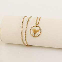 Золотистый Ожерелья с плоским круглым кулоном из сплава и пластика с внутренним цветком, золотые, золотые, 17.72 дюйм (45 см)