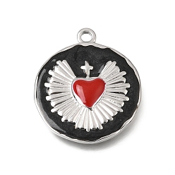 Черный 304 подвески из нержавеющей стали, с эмалью, плоские круглые подвески с сердечками, цвет нержавеющей стали, чёрные, 21x18x2.5 мм, отверстие : 1.6 мм