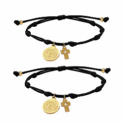 Black 304 Stainless Steel Round Tag Religon Cross Charm Nylon Wax Cord Bracelet Bracelet Sets, Adjustable Stackable Bracelets, Golden, Black, 11.02 inch(28cm), 2pcs/set