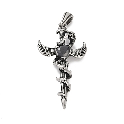 Античное Серебро 316 кулоны из хирургической нержавеющей стали с микропаве и кубическим цирконием., крест с крыльями, ионное покрытие (ip), античное серебро, 39.5x21.5x8.5 мм, отверстие : 3.5x6 мм