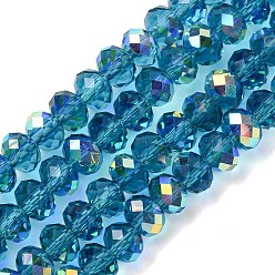 Темно-Голубой Гальванизируйте прозрачное стекло бисер нитей, рондель, с покрытием AB цвета, с половиным покрытием, граненые, глубокое синее небо, 6x4 мм, отверстие : 1 мм, около 98~100 шт / нитка, 16.93~18.39'' (43~46.7 см)