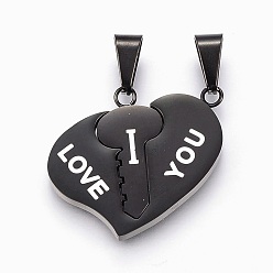 Черный Цвет Металла 304 стали сплит подвески из нержавеющей, с эмалью, сердце с словом я тебя люблю, на день Святого Валентина, металлический черный , 27x30x3 мм, отверстие : 5x10 мм