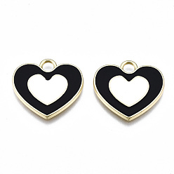 Черный Стойки обшивки сплава эмали подвески, без кадмия и без свинца, сердце, золотой свет, чёрные, 19.5x21x2 мм, отверстие : 3 мм