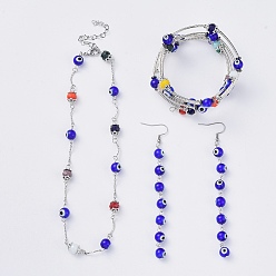 Farbig Böser blick lampwork schmuck sets, Wickelarmbänder & Ohrringe & Halsketten, Mit facettiertem glas, unmagnetische synthetischen Hämatit, Messingrohrperlen und 304 Edelstahlzubehör, Farbig, 2-1/8 Zoll (5.5 cm), 14.7 Zoll (37.5 cm), 110 mm, Stift: 0.8 mm