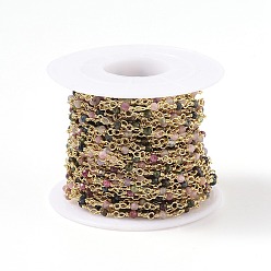 Турмалин Натуральные разноцветные турмалиновые цепочки ручной работы из бусин, с латунной фурнитурой , золотые, несварные, круглые, граненые, с катушкой, 12x1~1.25 мм, бусина : 2~2.5 mm, около 32.8 футов (10 м) / рулон