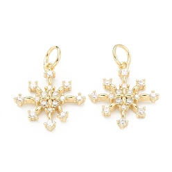 Golden Brass Clear Cubic Zirconia Pendants, Long-Lasting Plated, with Jump Ring, Snowflake, Golden, 16x14x2mm, Hole: 3.5mm