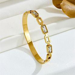 Золотой Прямоугольник 304 браслеты из нержавеющей стали с кубическим цирконием, шарнирные браслеты для женщин, золотые, внутренний диаметр: 2-3/8 дюйм (6 см)