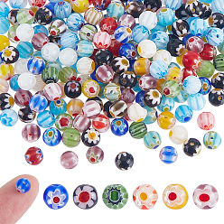 Gemischte Farbe 4 Stränge handgefertigter Millefiori-Glasperlen, Runde, Gemischte Farbe, 6 mm, Bohrung: 0.5 mm, ca. 65 Stk. / Strang, 14.10'' (35.81 cm)