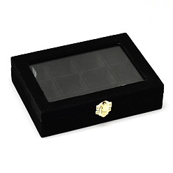 Negro Cajas de joyas de madera rectángulo, cubiertos con terciopelo, con vidrio y hierro cierres, 12 compertments, negro, 20.2x15.3x4.8 cm