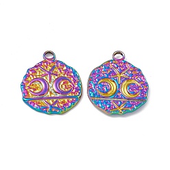 Rainbow Color Ion Plating(IP) 304 Stainless Steel Pendants, Textured, Flat Round with Moon & Star, Rainbow Color, 24x20x2mm, Hole: 2.8mm