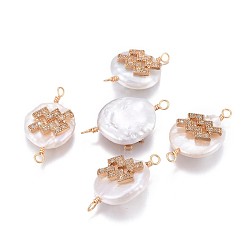 Aquarius Natural Pearl Links connectors, with Brass Micro Pave Cubic Zirconia Findings, Flat Round with Constellation, Golden, Clear, Aquarius, 20~26x9~17x5~11mm, Hole: 1.6mm