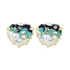 Blue Rack Plating Alloy Enamel Pendants, with Resin, ABS Imitation Pearl Beads, Rhinestone and Glass Beads, Cadmium Free & Nickel Free & Lead Free, Heart, Blue, 47x48.5x8mm, Hole: 2.5mm