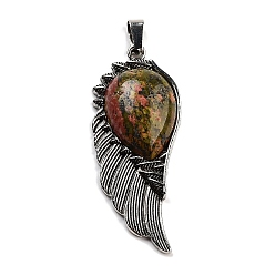Унакит Природные Unakite большие кулоны, подвески на крыльях с фурнитурой из сплава, античное серебро, 56.5~57x22.5~23x7~8 мм, отверстие : 4x8.5 мм