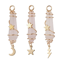 Розовый Кварц 3 шт. 3 стили натуральный розовый кварц заостренный медная проволока обернутая граненая пуля большие подвески, металлические подвески в виде луны, звезды, молнии, золотые, 49~51x10~10.5x11~12 мм, отверстие : 3.5 мм, 1 шт / стиль