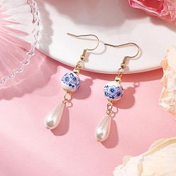 Темно-Голубой Круглые с цветочным узором фарфоровые керамические серьги-подвески, с 304 нержавеющей стали серьги крючки, с имитацией жемчуга в форме капли, глубокое синее небо, 57~58x10 мм